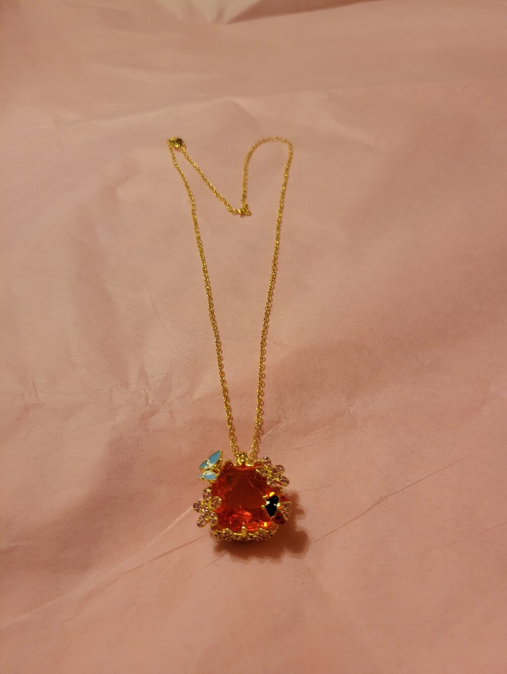 Gold Necklace with Orange Crystal Pendant - Women Jewelry